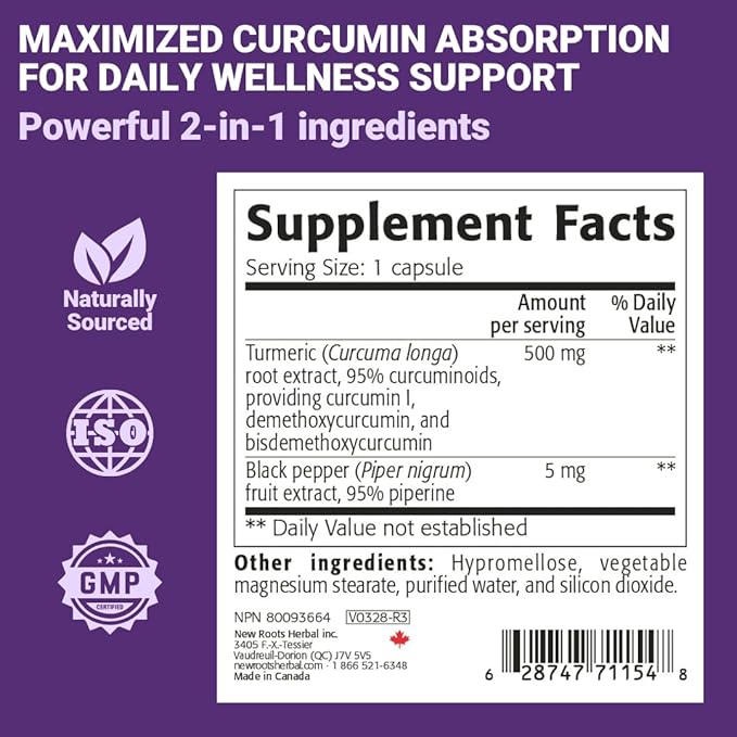 NEW ROOTS HERBAL Turmeric Curcumin Supplement 500mg with Black Pepper Extract - 20x Better Absorption | Coumarin Capsules with 95% Curcuminoids & 95% Piperine (90 Veg Capsules)