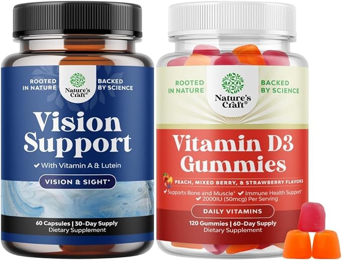 Bundle of Complete Eye Health Supplement for Adults - Lutein 20mg Per Serving for Vision Dry Eyes & Blue Light Protection and Vitamin D3 Gummies with D3 2000IU per Serving Bone Muscle & Immune Support