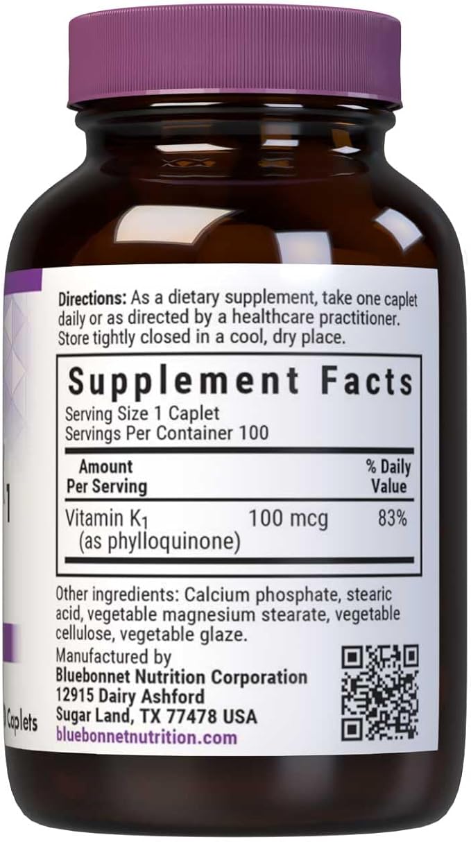 BlueBonnet Vitamin K1 100 mcg Supports Bone Health - Phylloquinone Crystalline Vitamin K Supplement - Non-GMO, Kosher Certified, Gluten-Free, Dairy-Free - 100 Vegan Caplets (Pack of 2)