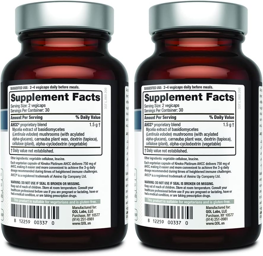 Quality of Life AHCC Kinoko Platinum 750 mg – Premium Immune Support Supplement - Pack of 2, 60 Count Bottles