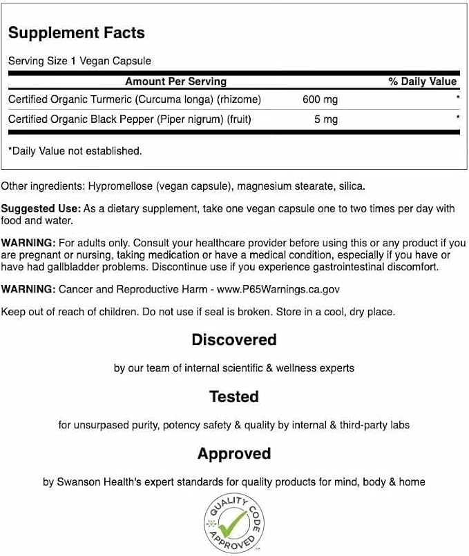 Swanson Premium Turmeric & Black Pepper Antioxidant Supplement for Active Adults Seeking Joint, Digestion, and Circulation Support - Non-GMO, Organic (90 Vegan Capsules, 4 Pack)