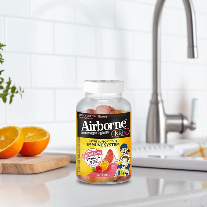 Airborne Kids 500mg Vitamin C Gummies, Kids Immune Support Zinc Gummies with Powerful Antioxidants VIT C & E - 63 Gummies, Assorted Fruit Flavor (Pack of 2)