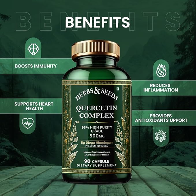 HERBS & SEEDS Quercetin Complex 500mg Supplement Natural Vegan Sources with Bioflavonoids & Potent Antioxidants for Cellular Health Support & Promotes Immunity – 90 Capsules