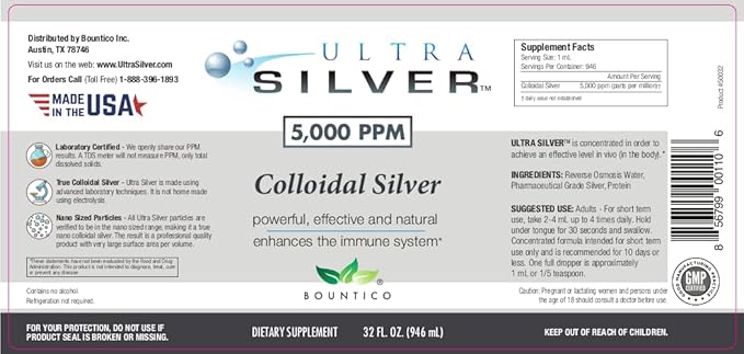 Ultra Silver® Colloidal Silver | 5,000 PPM, 32 Oz (946mL) | Mineral Supplement | True Colloidal Silver - 4 oz Dropper Bottle (Empty) Included for Dispensing!