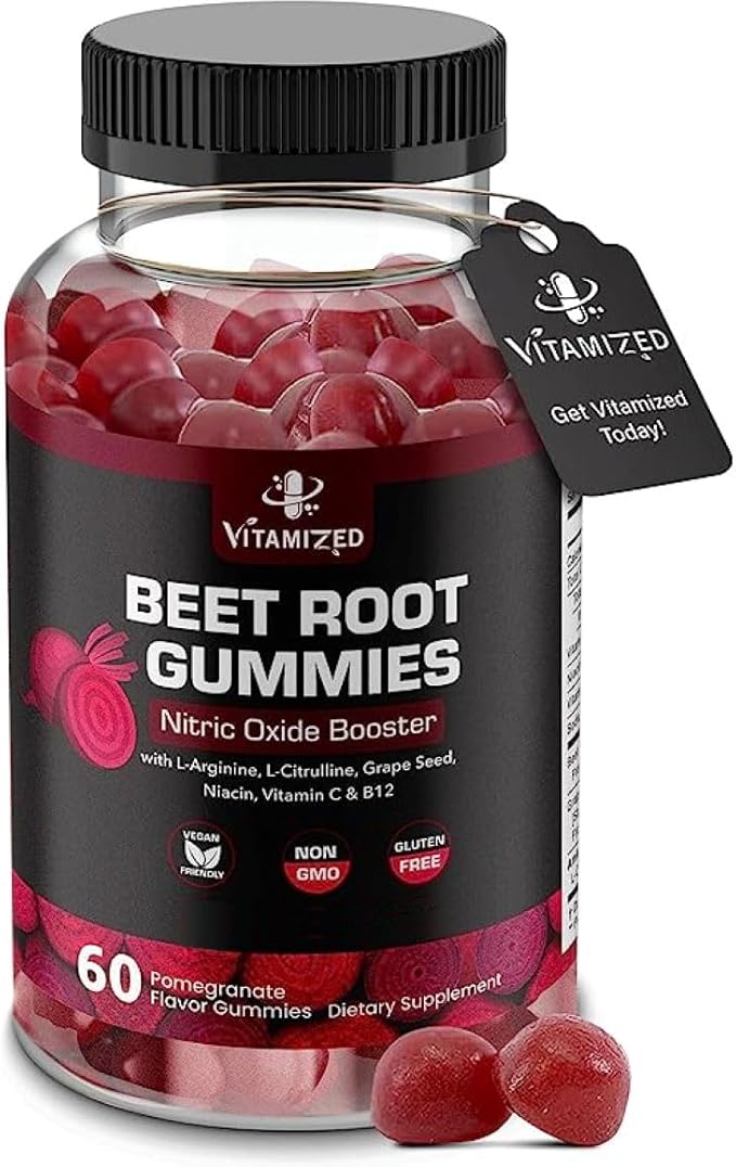 Beet Root Gummies - Super Nitric Oxide Beets Supplement - Red Beetroot Heart Chews with Grape Seed Power & B12- Pomegranate Flavor, 60 Chewables Beets