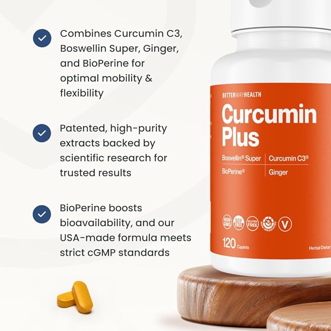 Better Way Health™ Curcumin Plus – Turmeric Curcumin C3® Complex with Boswellin®, BioPerine®, and Ginger – Joint Support & Inflammation Relief Supplement – 120 Caplets