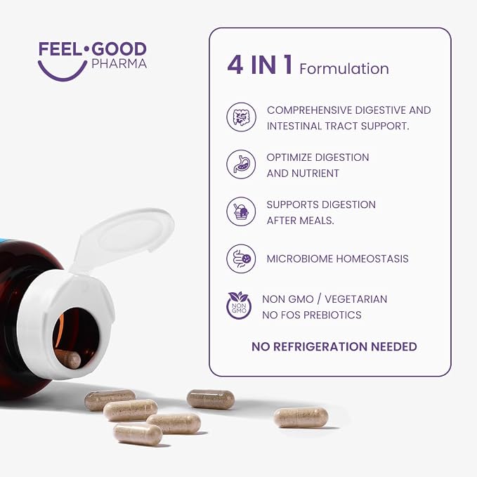 Feel Good Digestive Enzymes 4-in-1 Synbiotic+ – with Prebiotics, Probiotics & Postbiotics – Gut Health, Digestion & Bloating Relief – Pharmacist Formulated for Adults