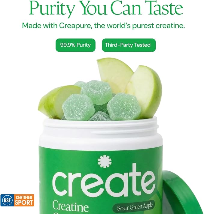 Create Creatine Monohydrate Gummies for Men & Women, Boost Focus, Strength, and Endurance, Anti-Melting Formula, Vegan, Gluten-Free, Non-GMO, 1.5g of Creatine per Gummy (Sour Green Apple)