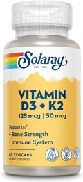 SOLARAY Vitamin D3 K2, K2 D3 Vitamin Supplement for Calcium Absorption, Bone Strength, Cardiovascular & Immune Function Support, Made Without Soy, 60-Day Guarantee, 60 Servings, 60 VegCaps