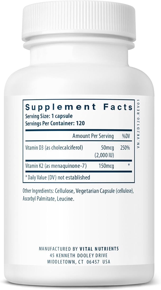 Vital Nutrients Vitamin D3 + K2 | 2000 IU | Vitamin D3 K2 Supplement | Vitamin D Complex for Healthy Calcium Levels, Muscle & Bone Health | Gluten, Dairy, Soy Free | 120 Capsules