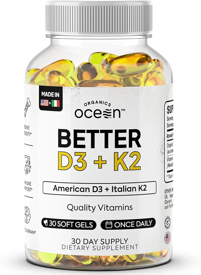 Organics Ocean Better D3 + K2-100% Organic VIT D3 and K2 Supplements with Maximum Bioavailability - Supports Bone Density, Calcium Balance, Immunity & Mood - 1-Pack, 30-Day Supply