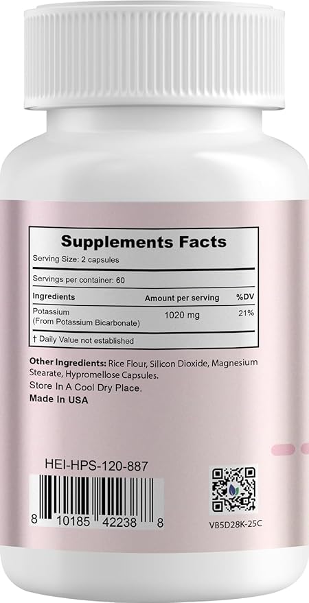 Heivy Potassium Supplement 1020 mg, Potassium Bicarbonate, Supports Electrolyte Balance, Muscle Function & Heart Health, Made in USA, Gluten Free, Non-GMO, 120 Vegetarian Capsules