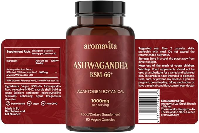 Ashwagandha Capsules – KSM-66® 1000mg Daily Dose – Pure Organic Root Powder Extract Ayurvedic Supplement - Stress Relief & Sleep Support Supplement - Supports Balanced Energy Levels.