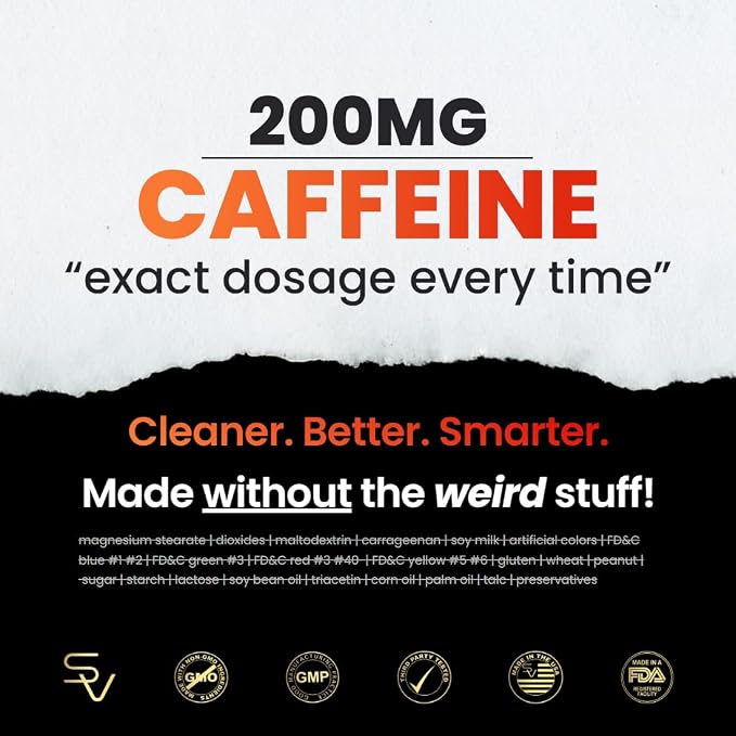 SmarterVitamins 200mg Caffeine Pills - MCT Oil from 100% Coconuts + 100mg L-Theanine, Energy and Focus, Extended Release Capsule, 50 Liquid Softgels