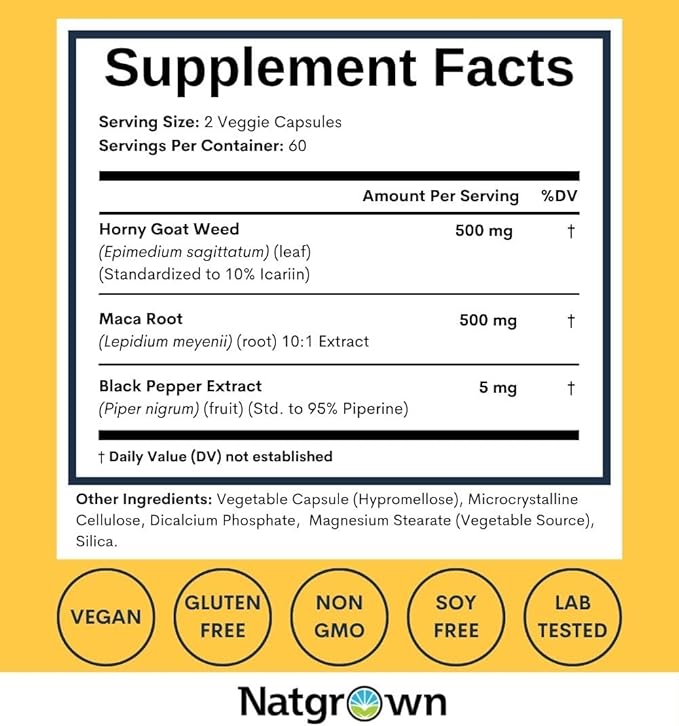 Natgrown Horny Goat Weed and Maca Root Extract Supplement for Men & Women (Epimedium Extract, Hornygoatweed) Vegan Capsules -120 Ct