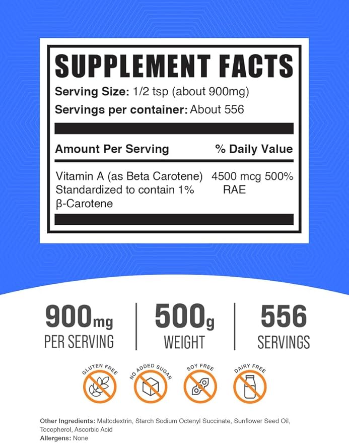 BulkSupplements.com Beta Carotene Powder - Beta Carotene Supplement, Vitamin A Supplement for Immune and Vision Support - Gluten Free, 900mg per Serving, 500g (1.1 lbs) (Pack of 1)