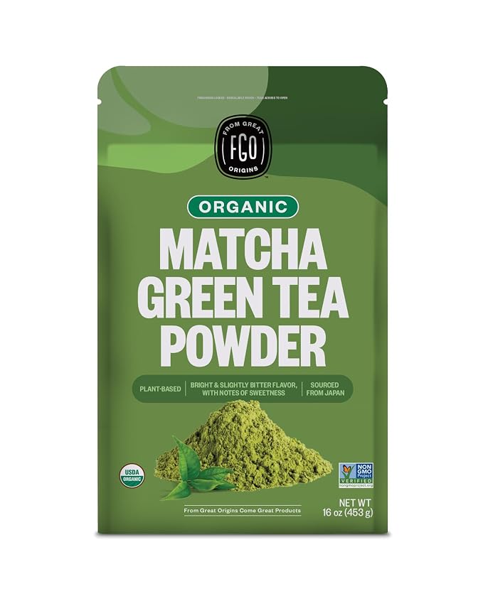 FGO Organic Matcha Green Tea Powder - Organic Matcha for Lattes, Smoothies & Baking - USDA Organic & Non-GMO - 16oz Resealable Bag