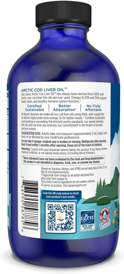 Nordic Naturals Arctic Cod Liver Oil, Lemon - 8 oz - 1060 mg Total Omega-3s with EPA & DHA - Heart & Brain Health, Healthy Immunity, Overall Wellness - Non-GMO - 48 Servings