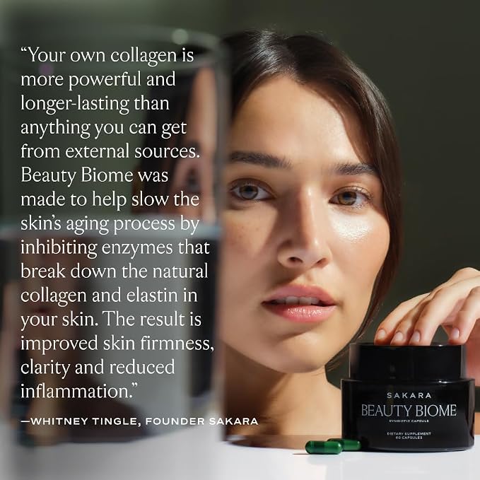 SAKARA Beauty Biome – Daily Synbiotic Supplement for Skin + Gut Health with Probiotic, Dermaval, Vitamins A, D, E, Antioxidants, Prebiotics & Enzymes – for Clear, Radiant, Hydrated Skin – 60 Capsules