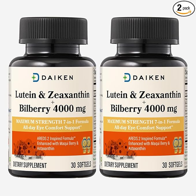 DAIKEN Lutein and Zeaxanthin Supplements, AREDS 2 Inspired Formula with Astaxanthin, Maqui Berry, Bilberry, Flaxseed Oil & Vitamin E, 30 Softgels (Pack of 2)