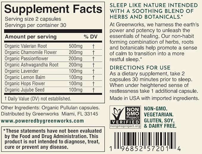 Greenworks Nature's Rest Melatonin-Free Sleep Aid, Organic Herbal Blend with Ashwagandha, Valerian, Chamomile & Passionflower, Non-Habit Forming Vegan Capsules for Restful Sleep, 60 Count