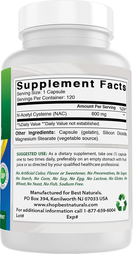 Best Naturals NAC - N Acetyl Cysteine 600 mg 120 Capsules - n Acetyl cysteine - Powerful antioxidant