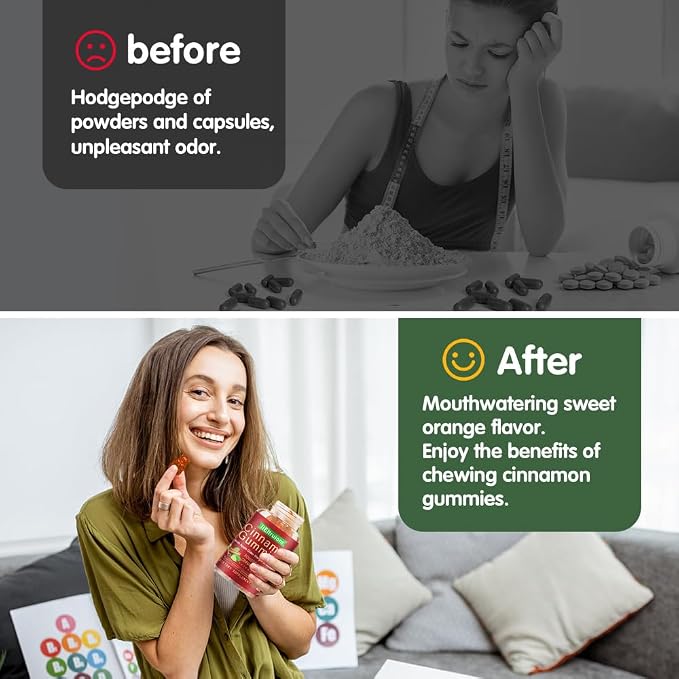 Cinnamon Supplements, Premium Ceylon Cinnamon Gummies 2400mg with Berberine, Turmeric, Apple Cider Vinegar, Bitter Melon, Chromium - Vegan, Non-GMO丨60 Counts