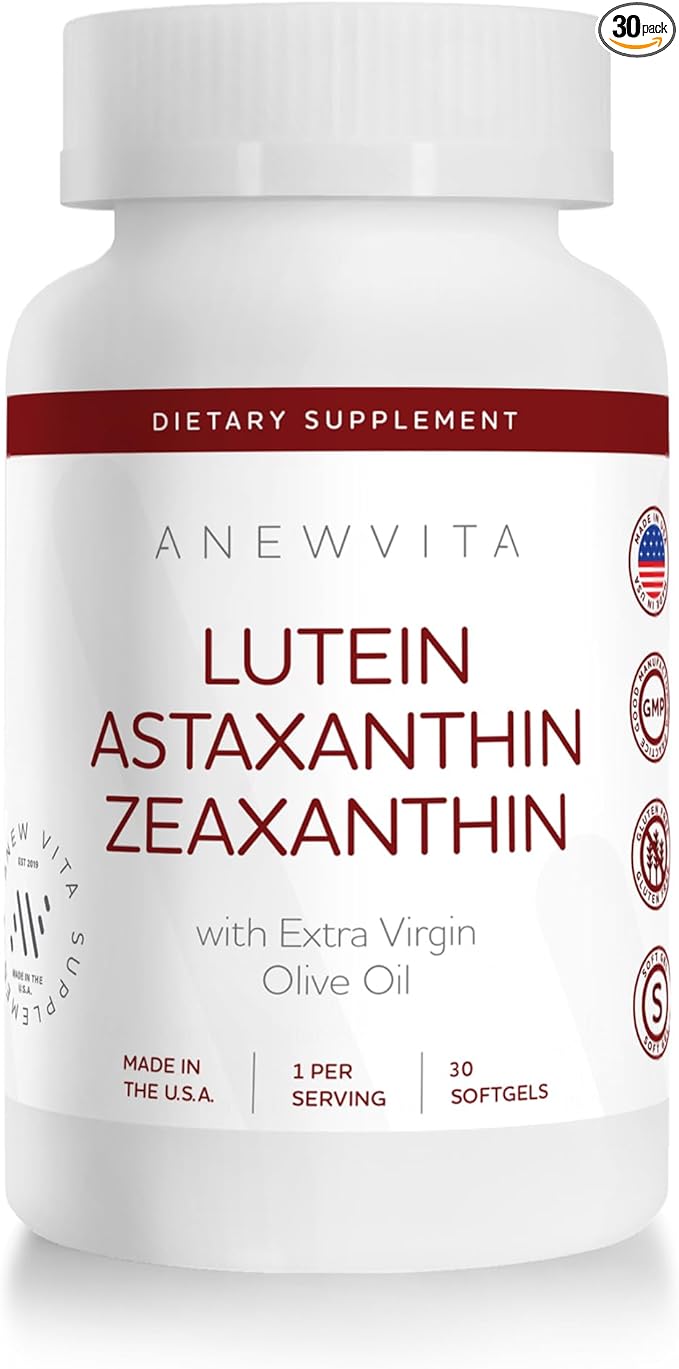 Lutein Astaxanthin Zeaxanthin, Eye Health Support Supplement, 2 in 1 Antioxidant Formula with Lutemax and AstaReal, with Extra Virgin Olive Oil, 30 Softgels