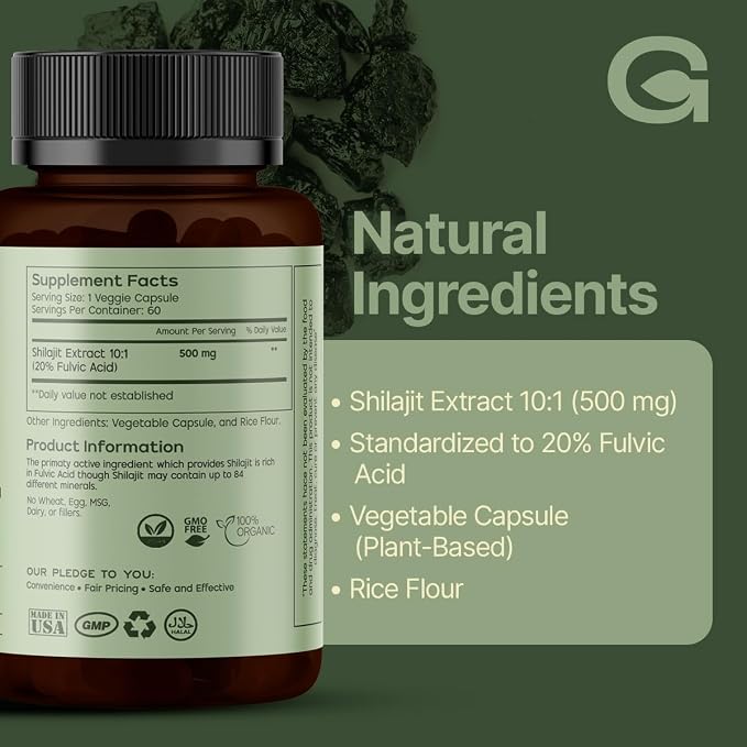 GREEN'S BEST Pure Himalayan Shilajit Capsules – Organic Fulvic Acid Supplement for Energy & Immune Support – Boosts Stamina & Brain Health – Vegan, No Additives