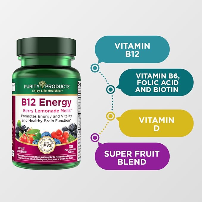 Purity Products B-12 Energy Berry Lemonade Melt w/Super Fruits Methylcobalamin B12 - Vitamins B6, D3, Folic Acid and Biotin - High Absorption MecobalActive B 12-30 Melting Tablets