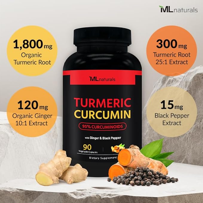 ML Naturals Organic Turmeric Curcumin – 1,800mg, Root Extract 300mg - 120mg Organic Ginger & 15mg Black Pepper (Per Serving) - 90 Vegetable Capsules – Non-GMO
