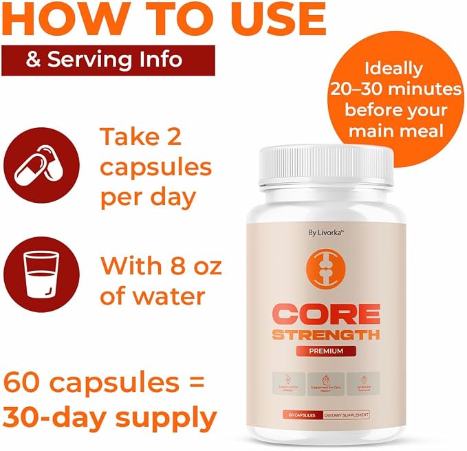 (2 Pack) Core Strength - Official Core Strength Premium Capsules All Natural Ingredients Advanced Formula Daily Pills Overall Health & Wellness Support Vitamin Reviews, 120 Capsules for 2 Months