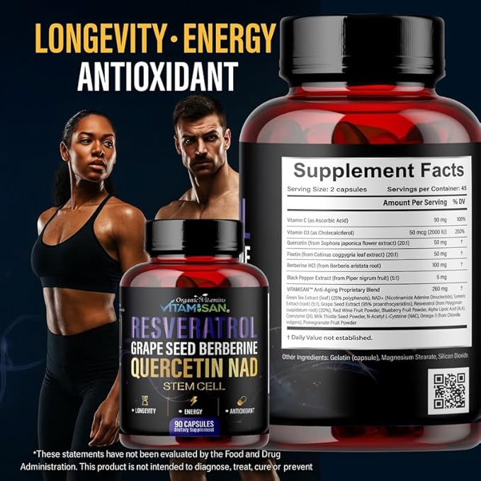 VITAMISAN Resveratrol with Quercetin, NAD+, Grape Seed, Berberine & CoQ10 – Antioxidant & Cellular Energy Support – 90 Capsules – Made in USA