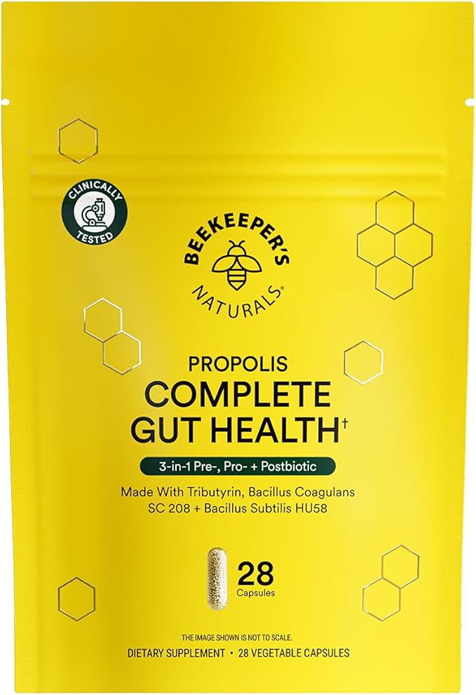 Beekeeper's Naturals Complete Gut Health, 3-in-1 Prebiotic, Postbiotic, Probiotics for Digestive Health & Bloating Relief for Women & Men, Propolis Powered, Gluten-Free Vegan Capsules, 28ct