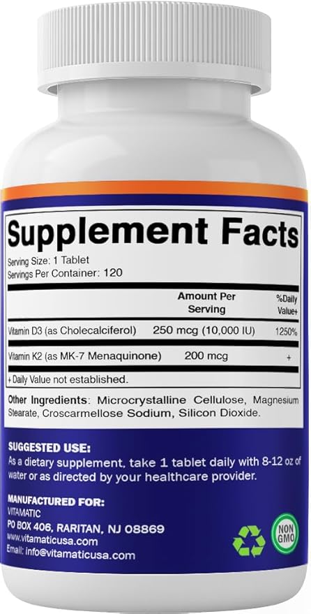 Vitamatic Vitamin D3 K2 Supplements with 10,000 IU Vitamin D + 200mcg Vitamin K MK-7, 120 Tablets Bone, Heart, Immune, & Calcium Support (Pack of 3)