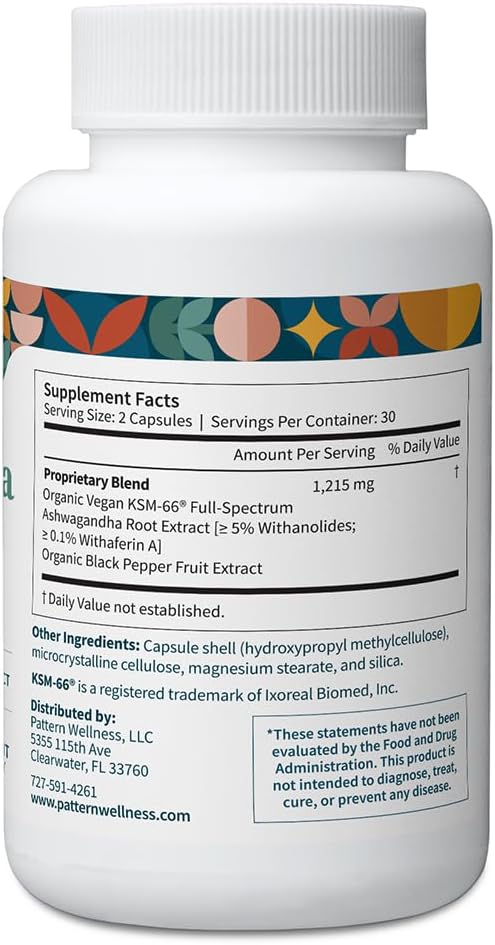 Pattern Wellness Ashwagandha Complex for Men & Women – Organic KSM-66® & Black Pepper Extract – Supports Stress Response & Energy Balance – Non-GMO – 180 Vegan Capsules