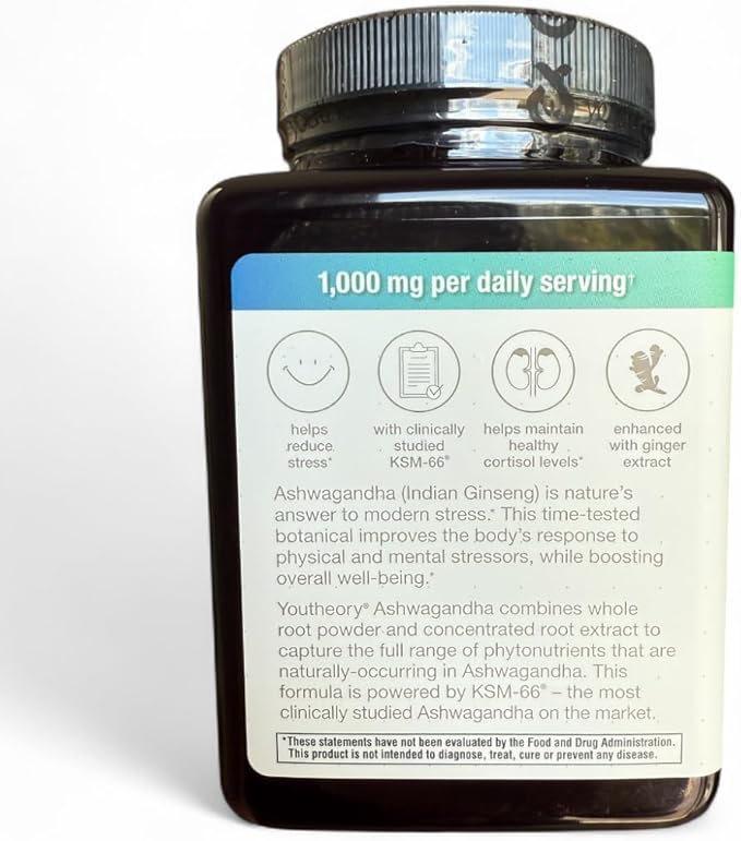 Organic Ashwagandha Daily Adaptogen Formula, 1000mg, 180 Vegetarian Capsules, Stress Support Supplement with KSM-66, Enhanced with Ginger Extract