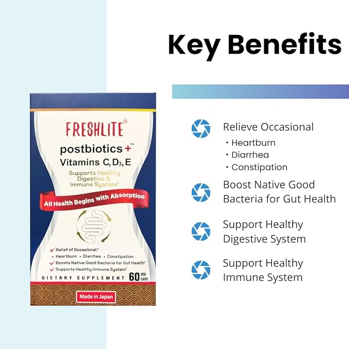 FRESHLITE Premium Vegan Postbiotics for Gut Health | IBS. Diarrhea. Bloating | Advanced Postbiotics Formula Beyond Pre & Probiotics | Vitamin C, D3 & E | Non-GMO, Gluten-Free, 60 Capsules Japan Made