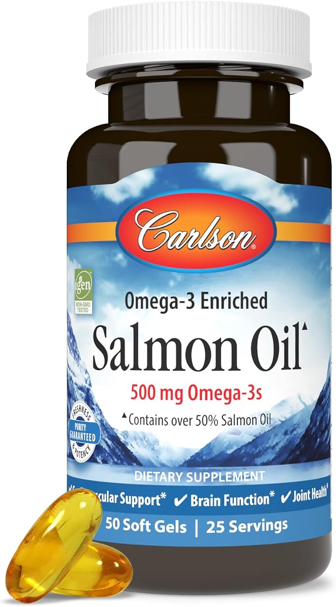 Carlson Salmon Oil, 500mg Omega-3s, Wild-Caught Norwegian Fish Oil, Sustainably Sourced, 50 Softgels