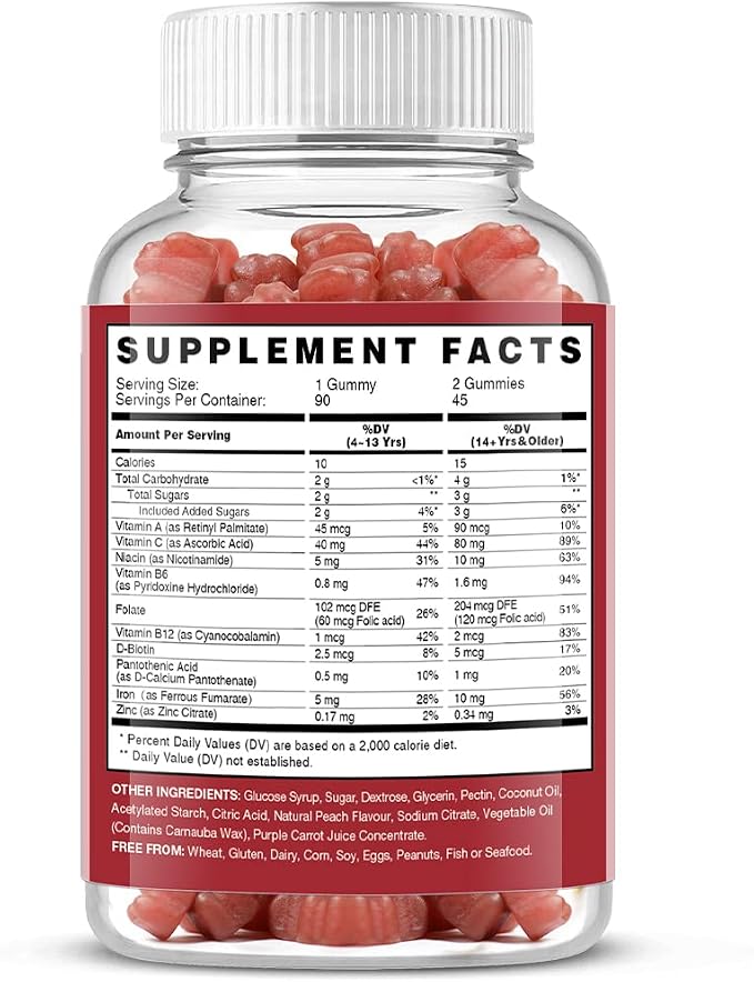 Vegan Iron Gummies Supplement - Multivitamin Supplement with Vitamin C, A, B & Zinc - Health Blood & Energy Support for Iron Deficiency, Anemia, No After Taste - Peach Flavor（2 Packs）