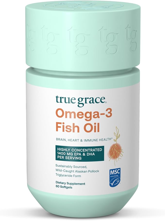 True Grace Omega-3 Fish Oil - 60 Softgels - 1400 mg EPA + DHA - Brain, Heart, Joint & Immune Health - Organic, Gluten Free, Soy Free