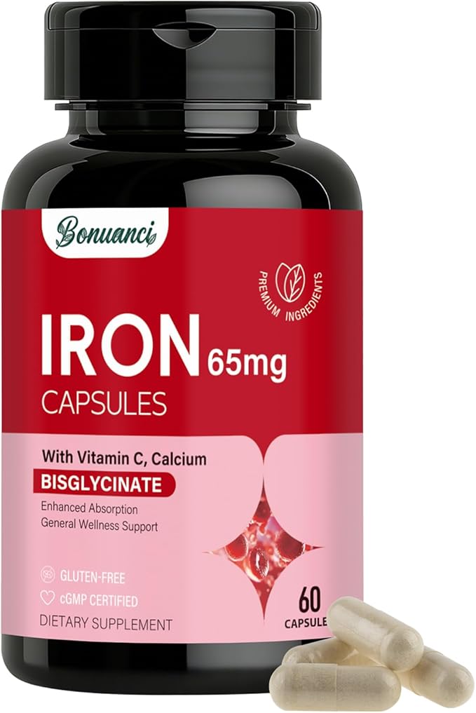 Iron Supplement - Iron 65mg High Absorption Iron Bisglycinate with Vitamin C, Calcium, Gentle Iron Pills for Women Men - Non GMO & Gluten Free, Stomach Friendly, 60 Capsules