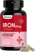 Iron Supplement - Iron 65mg High Absorption Iron Bisglycinate with Vitamin C, Calcium, Gentle Iron Pills for Women Men - Non GMO & Gluten Free, Stomach Friendly, 60 Capsules