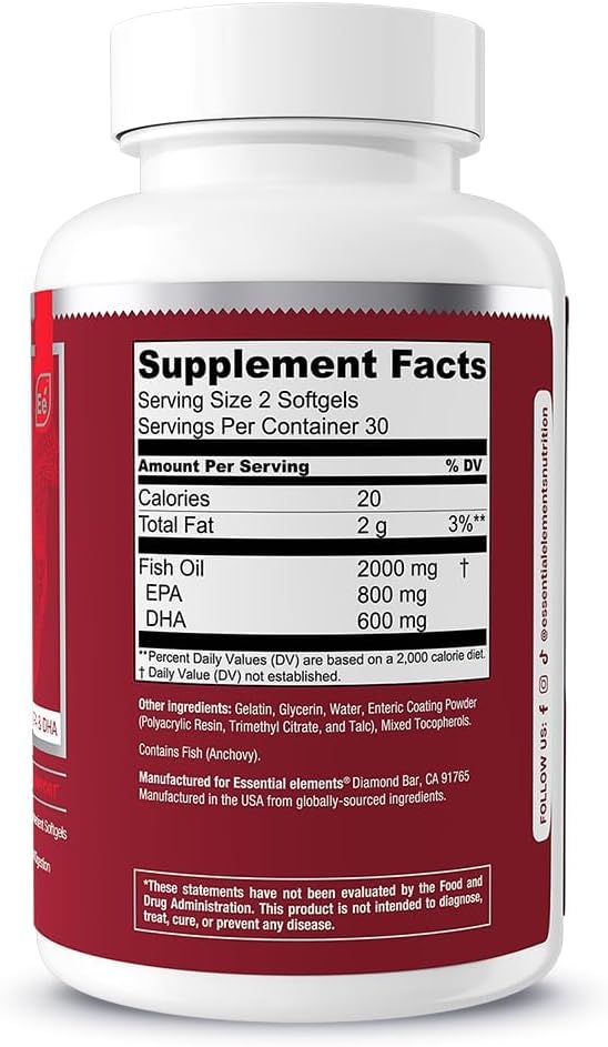 Essential Elements Omega-3 Fish Oil Supplement with EPA & DHA | Fatty Acids for Immune, Heart & Cognitive Support | 60 Softgels
