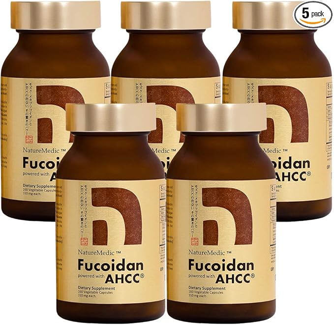 Fucoidan Powered with AHCC® Brown Seaweed Immunity Supplement with High Purity Mekabu Mozuku Agaricus 5 Bottles - 800 Vegetable Capsules