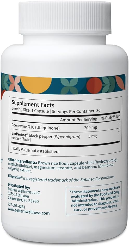 Pattern Wellness CoQ10 – 200mg Ubiquinone with BioPerine® Black Pepper Extract – Cellular Energy & Vitality Support – Non-GMO – 90 Vegan Capsules*