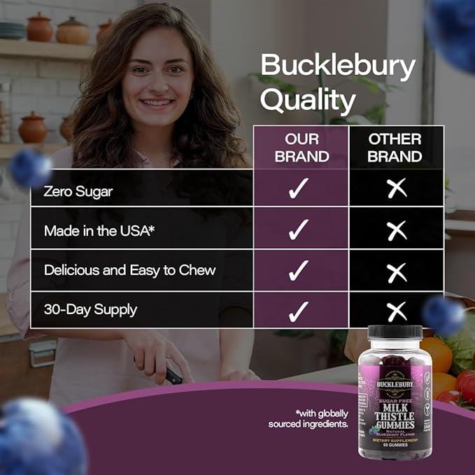 Bucklebury Sugar-Free Milk Thistle Gummies 1000mg with Natural Blueberry Flavor - Vegan, Gluten-Free, Non-GMO Natural Milk Thistle Supplement for Liver Health, Immunity & Antioxidant Support -60 Count