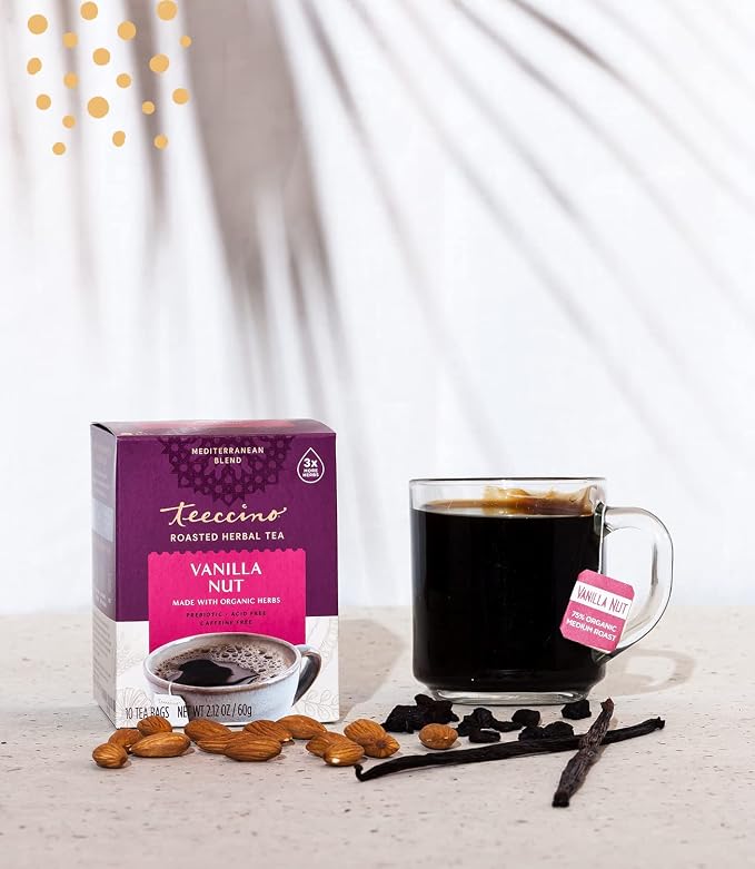 Teeccino Vanilla Nut Herbal Tea - Rich & Roasted Herbal Tea That’s Caffeine Free & Prebiotic for Natural Energy, 10 Tea Bags