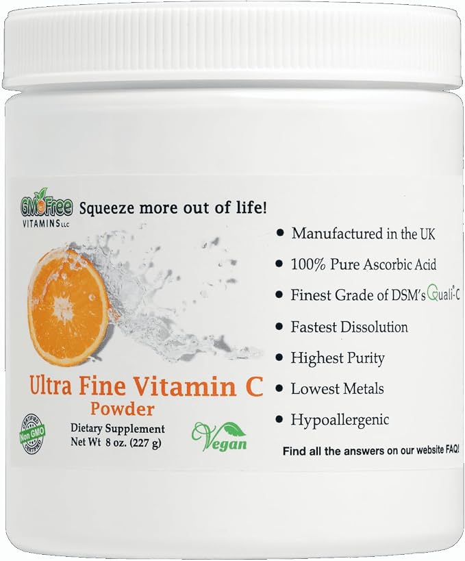 GMO Free Vitamins - Ultra Fine Non GMO Vitamin C Powder, Made in UK - Highest Grade of Quali-C L-Ascorbic Acid for Maximum Bioavailability – Vegan (8 oz.)