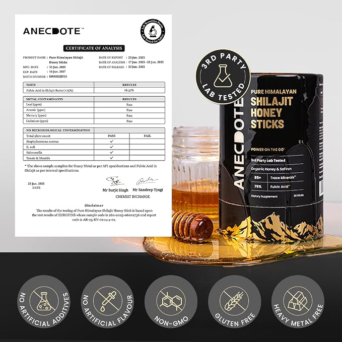 ANECDOTE Himalayan Shilajit Honey Sticks with Organic Honey & Saffron | Boosts Stamina | Supports Immunity | 75% Fulvic Acid, 85+ Trace Minerals | No Added Sugar | 30 Sticks